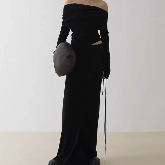 Autumn New Gentle Wind Knit Suit Feminine Black Top Skirt Two-Piece Set