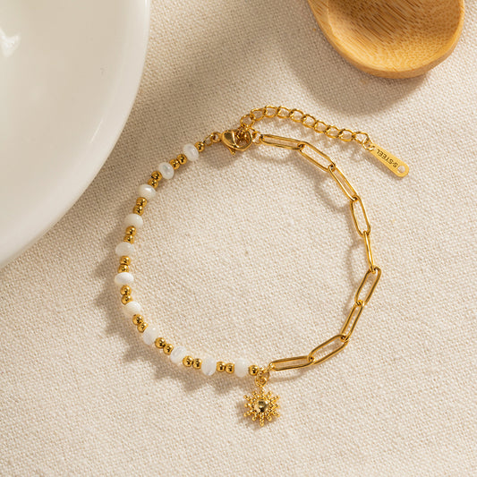 5pcs 18K Gold Stainless Steel Paper Clip Chain Spliced Shell Beads Beaded Sun Pendant Bracelet Fashion Bracelet Women