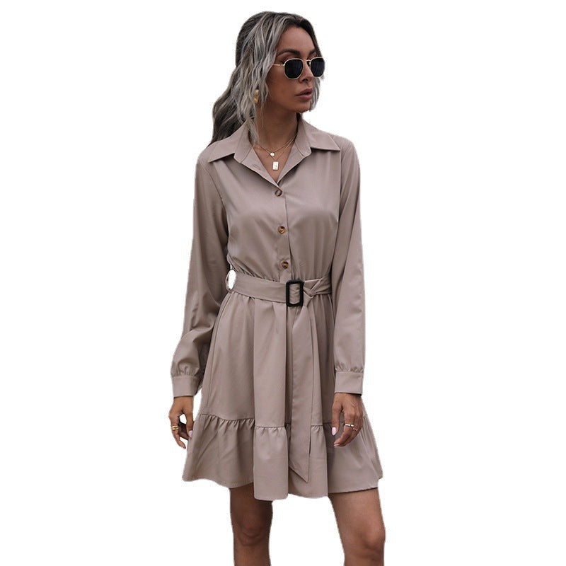 Lapel Fashion Shirt Dress Black Long-Sleeved Shirt Dress Early Autumn