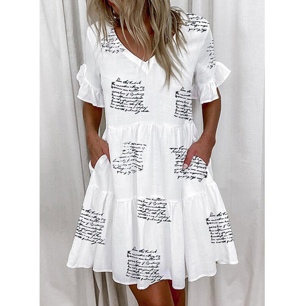 Women's Dress New Skirt Fashion Print Ruffled Pocket Short Female Dress A Hair