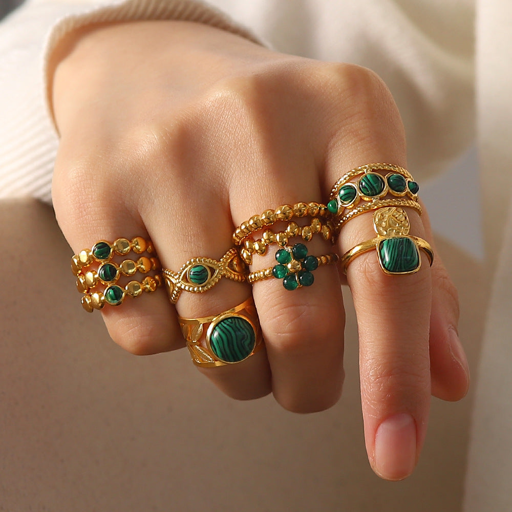 5pcs Light Luxury Temperament High-Grade Sense 18K Gold Green Natural Stone Open Ring Female Cold Retro Ring