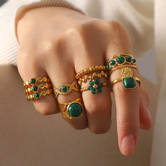 5pcs Light Luxury Temperament High-Grade Sense 18K Gold Green Natural Stone Open Ring Female Cold Retro Ring