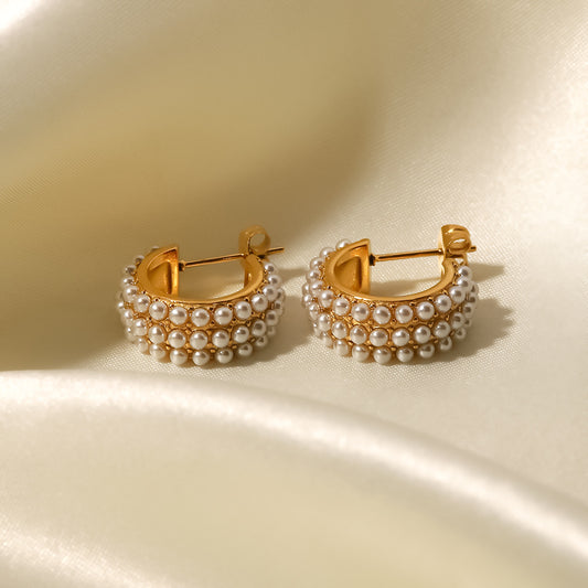 5pcs New Titanium Steel Earrings 18K Gold-Plated Stainless Steel C Shape Inlaid With White Pearl Women's Fashion All-Match Earrings