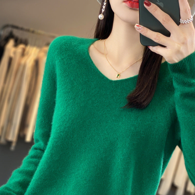 100 Pure Wool Knitwear Women's V-Neck Pullover Loose Base Shirt Autumn And Winter New Solid Color Sweater