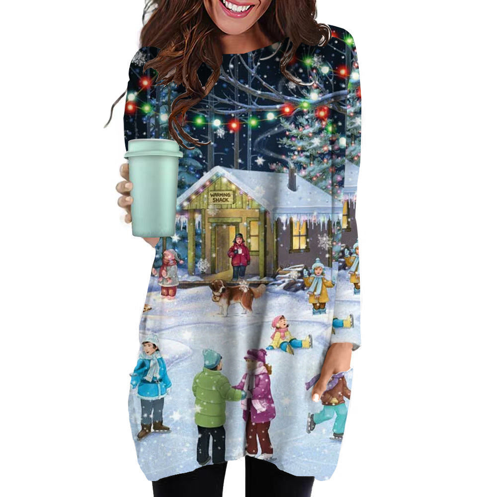 Women's Loose Round Neck 3D Christmas Elements Printed Long T-Shirt A Hair Casual Hoodie