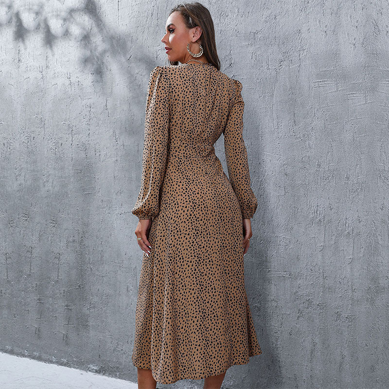 Women's High Slit Long-Sleeved Autumn Leopard Print Dress