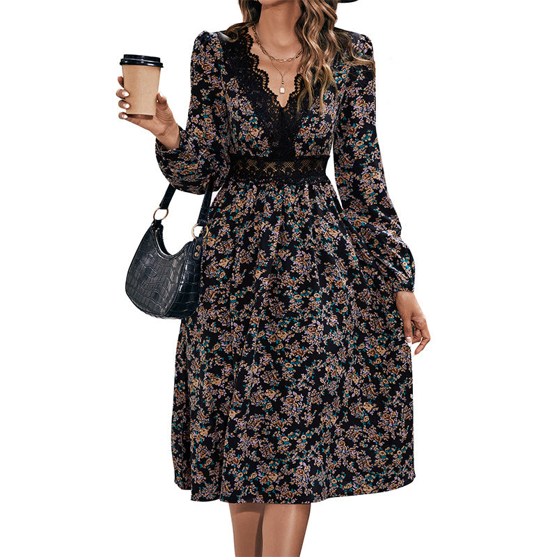 New Women's Spring And Autumn New Lace Lace V-Neck Slim Patchwork Dress