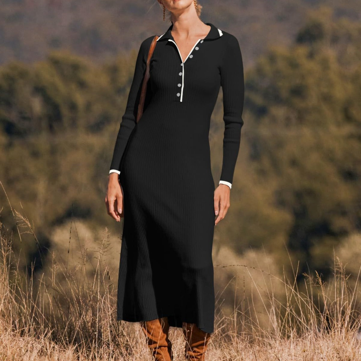 New Fashion Lapel Knitted Midi Skirt Slimming Temperament Cover Buttock Long-Sleeved Dress