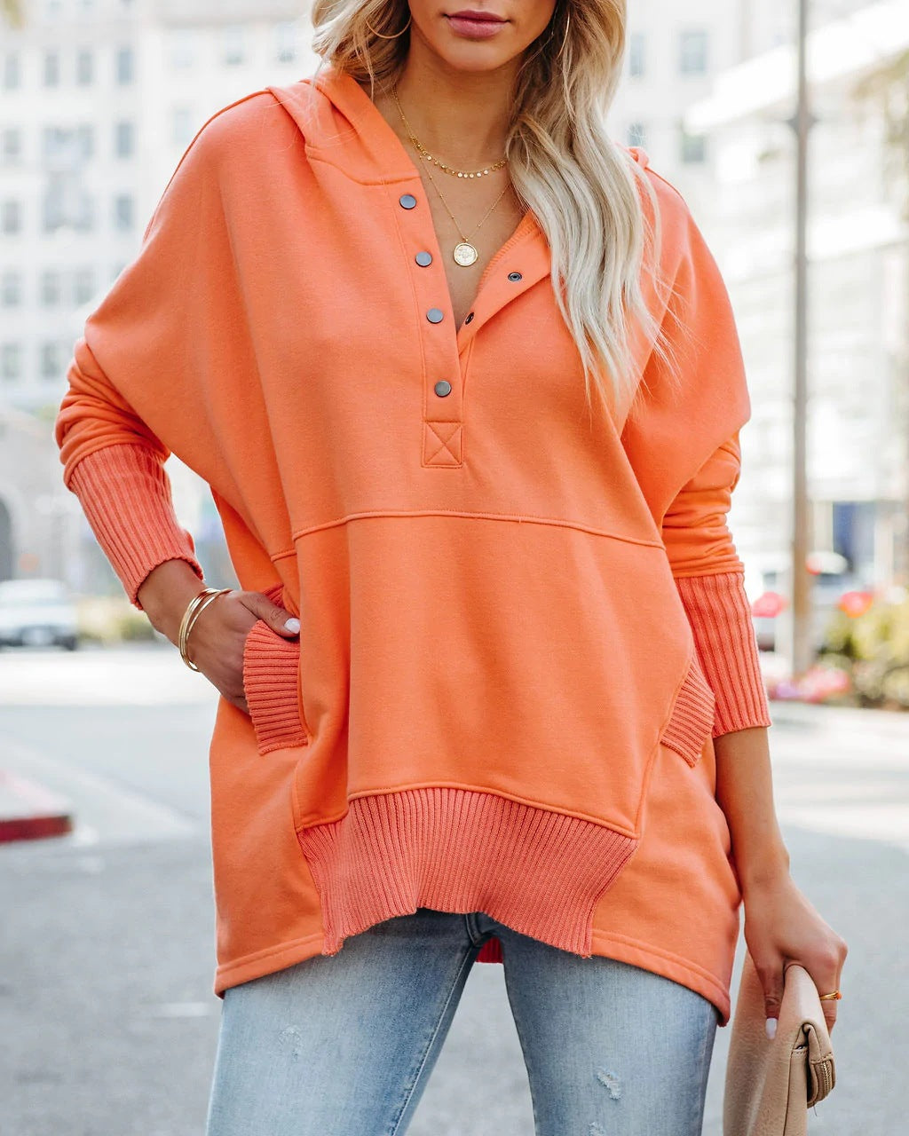 Autumn And Winter New V-Neck Hooded Multi-Color Bat Sleeve Hoodie Loose Thread Stitching Top Woman