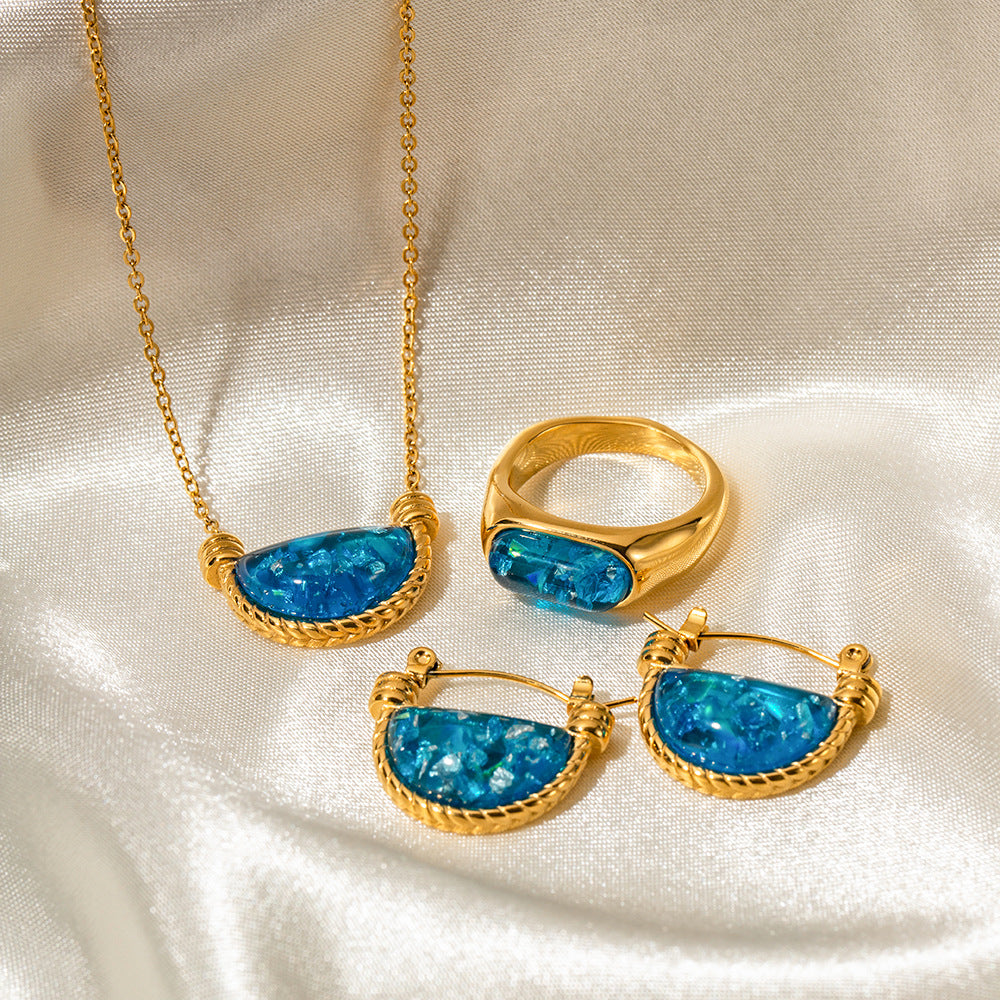 5pcs Stylish Retro Style Natural Blue Resin Fan Basket Pendant Necklace Women's Stainless Steel Jewelry