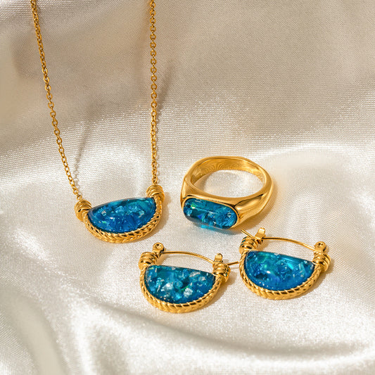 5pcs Stylish Retro Style Natural Blue Resin Fan Basket Pendant Necklace Women's Stainless Steel Jewelry