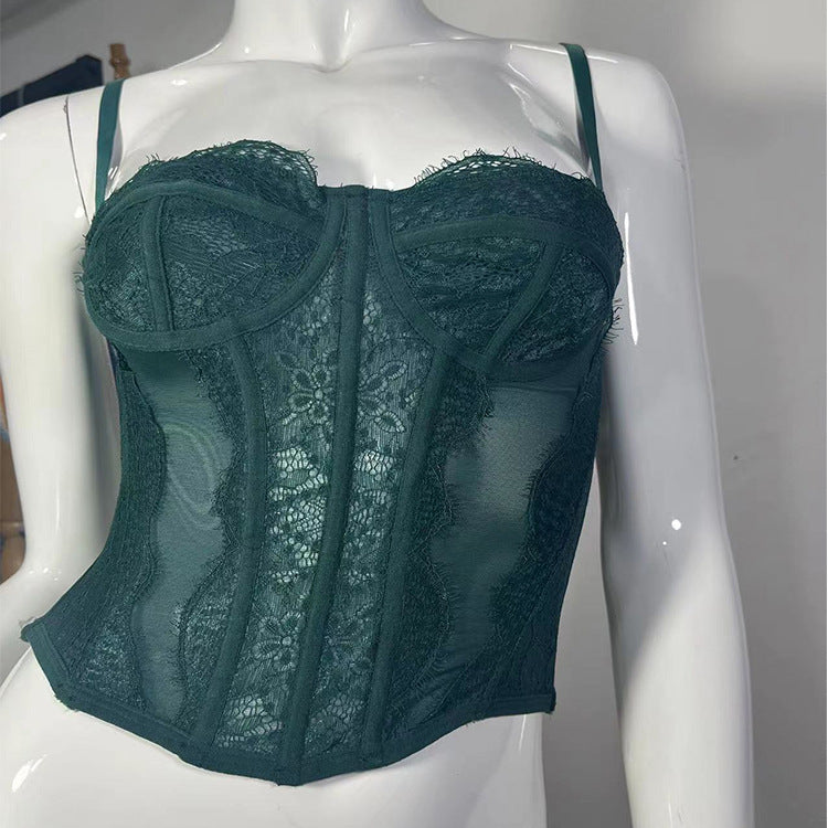 New Lace Embroidery Fishbone Nylon Sexy Chest Halter Hollowed Out Backless Corset Women