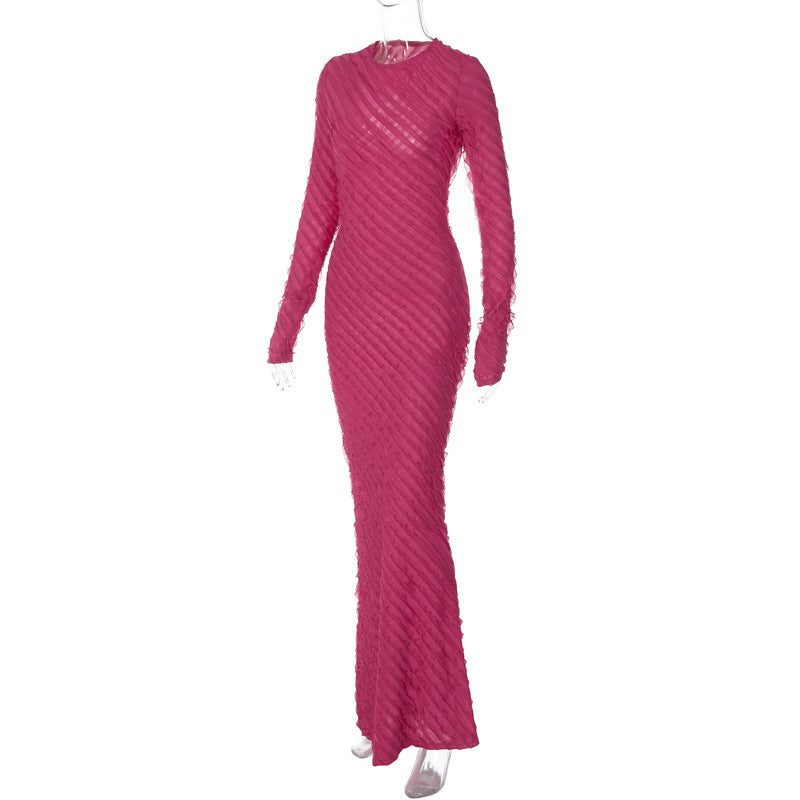 Solid Color Simple Temperament Long Dress Slim Round Neck Long Sleeve Dress Waist Slimming Bag Hip Large Size Elastic Base Skirt