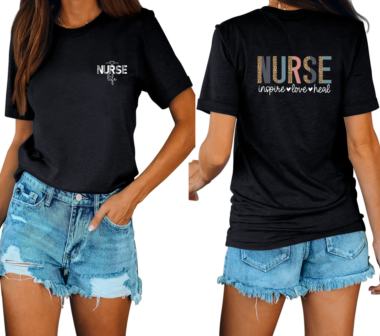 Casual Chic With Front And Rear Print Nurse Inspire Loose Crew Neck Short Sleeves