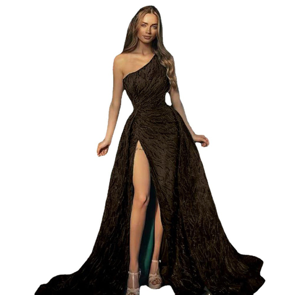 Spring And Summer New Women's Oblique Shoulder Slit Long Dress Toasting Dress Sequin Halter Evening Dress