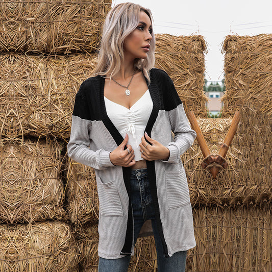 Hot Autumn Patchwork Outside To Wear Cardigan Long-Sleeved Sweater Coat Women