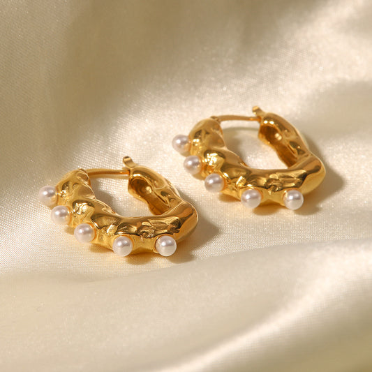 5pcs Jewelry 18K Gold Irregular Wave Texture Sense Frosted Texture Geometric Pearl Earrings