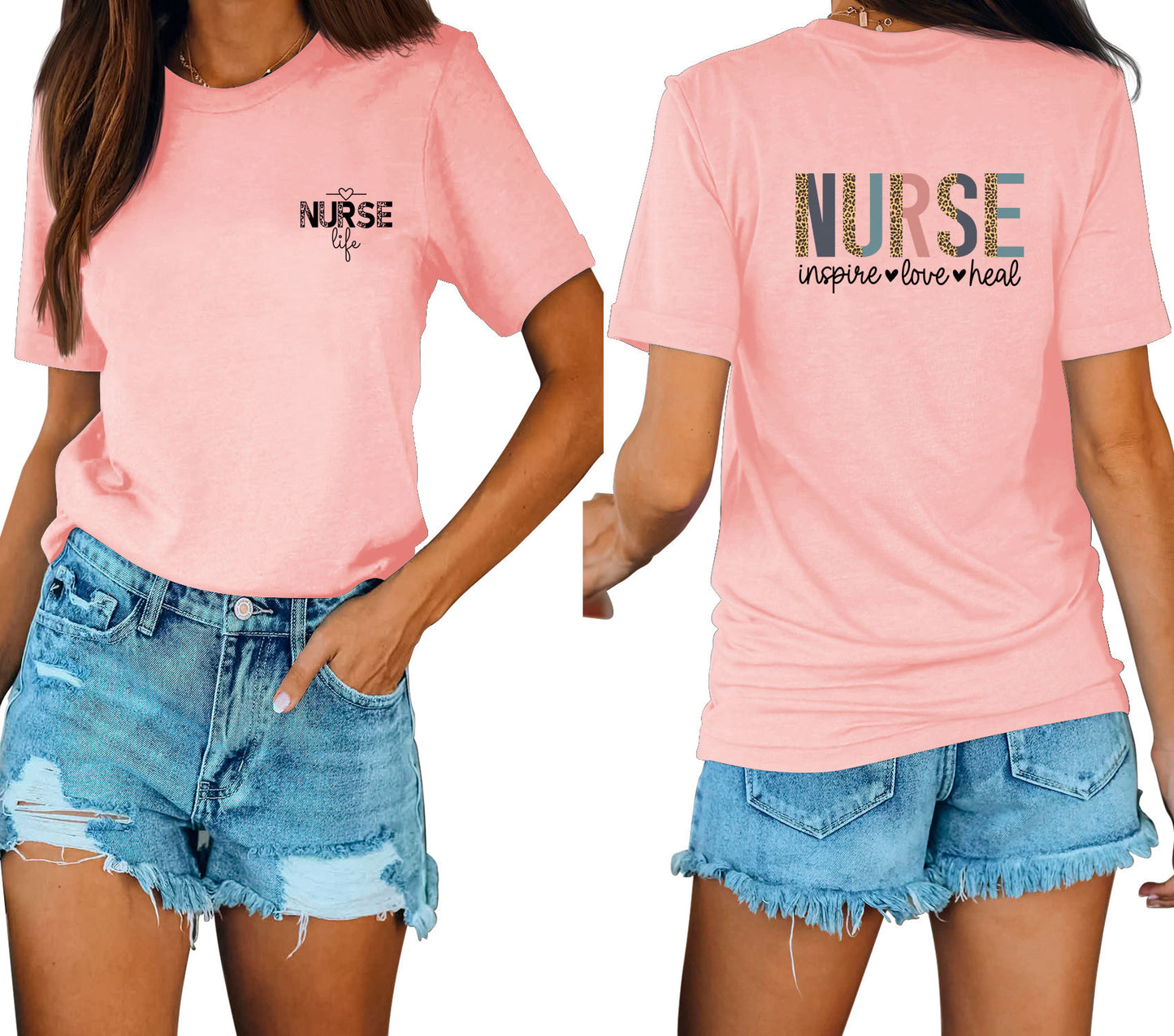 Casual Chic With Front And Rear Print Nurse Inspire Loose Crew Neck Short Sleeves