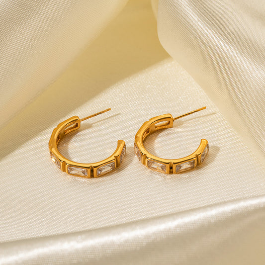 5pcs 18K Gold Stainless Steel Inset Zircon Earrings C-Shaped Advanced Design Do Not Fade Earrings For Women