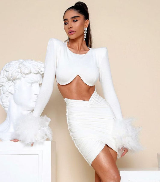 New Bandage Dress Two-Piece Sexy Feather Long Sleeve Short Jacket Short Skirt Suit