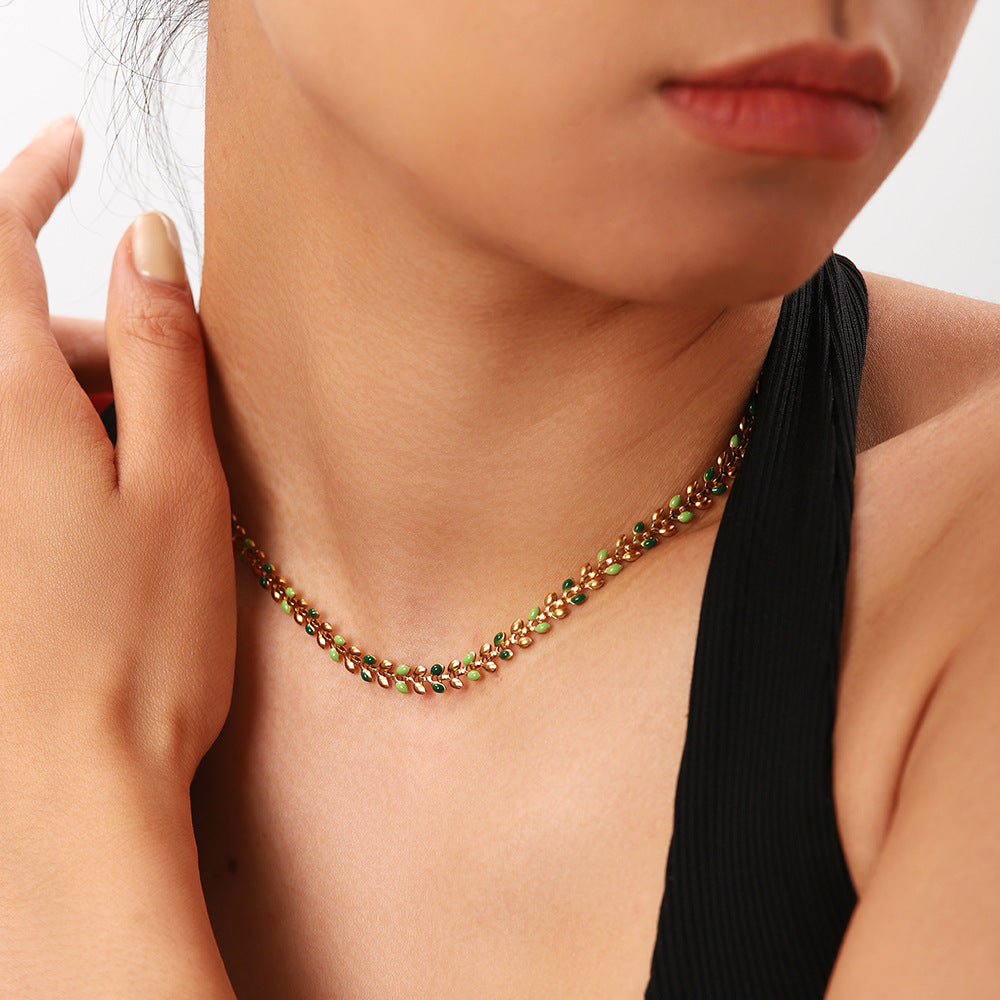 5pcs Fashion Style Necklace 18K Gold Green Dripping Olive Leaf Necklace Women's Personality Accessories