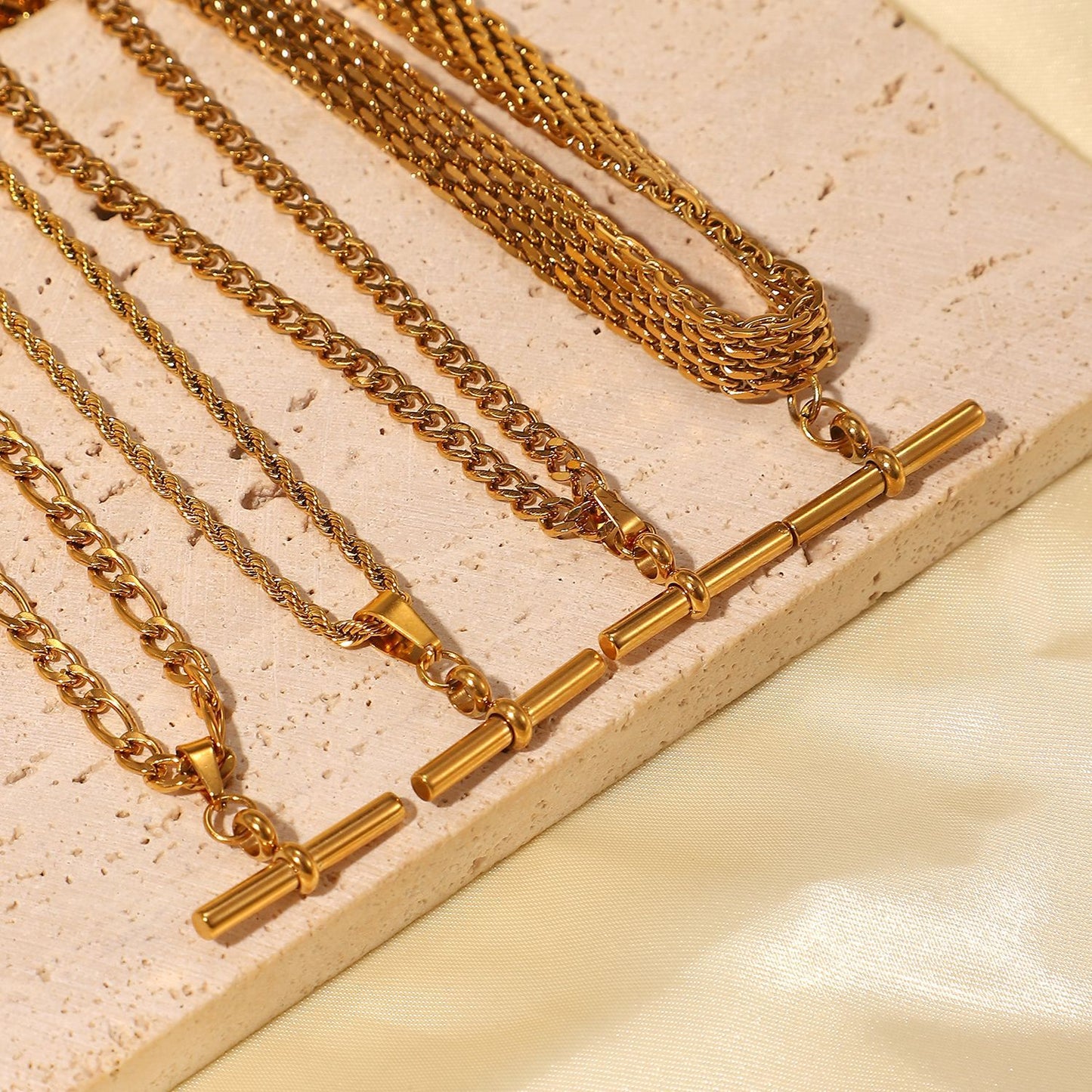 5pcs Punk Hip Hop 18K Gold Stainless Steel T-Stick Pendant Rope Chain/Figaro Chain/Cuban Chain Choker Necklace