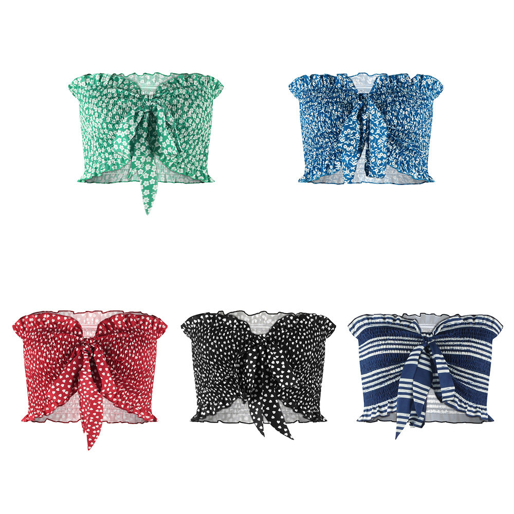 Knitted Vest Digital Print Sexy Fashion Top Top Multi-Wear Neck Hanging Ruffled Bow Small Vest