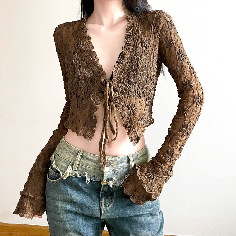 Street Spice Style Sexy Low V-Neck Long Sleeve T-Shirt Fishbone Waist Irregular Slim Draw Pleated Crop Top