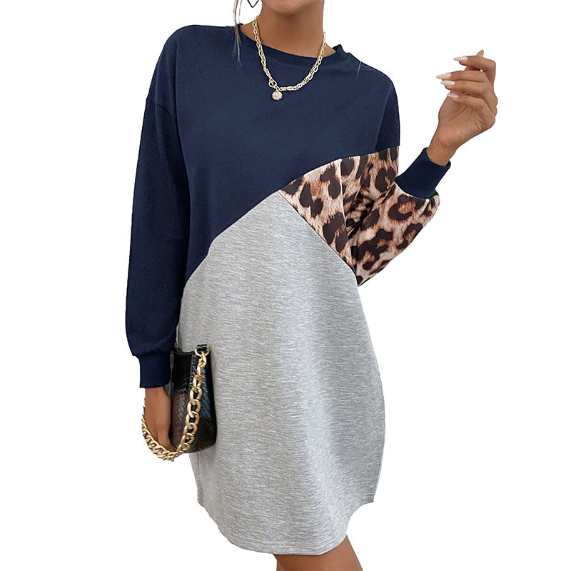 New Autumn New Fashion Women Long-Sleeved Leopard Hoodie Dress