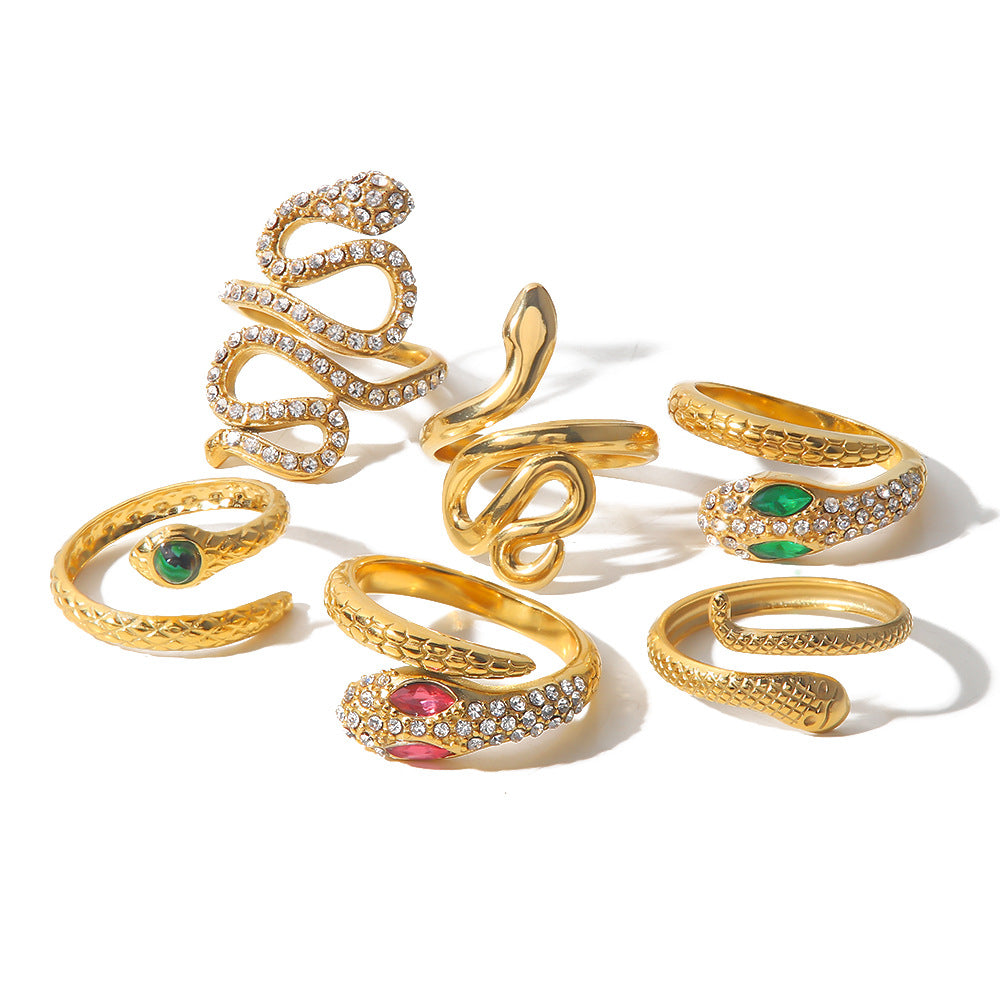 5pcs High Quality Vintage Style Titanium Steel Open Ring Encrusted With Diamond Serpentine Femininity Advanced Sense Of All-Match Ring Ring