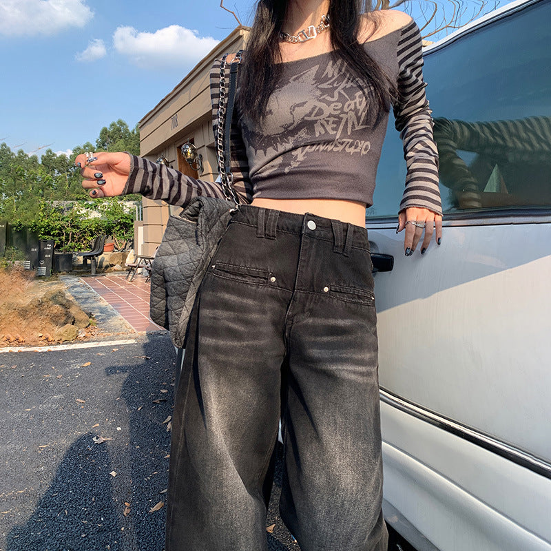 Pre-Fall Retro Washed High-Waisted Baggy Jeans Female Spice Personality Vertical Leg Jeans