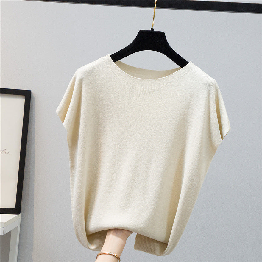 Summer Women's Solid Color Knitted T-Shirt Short Sleeve Ice Silk Color Contrast Design Thin