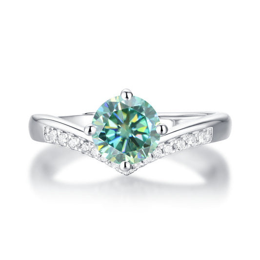 Green Moissanite 1-Carat Crown Four-Claw Ring With Gra Certificate S925 Silver Adjustable Gem Ring
