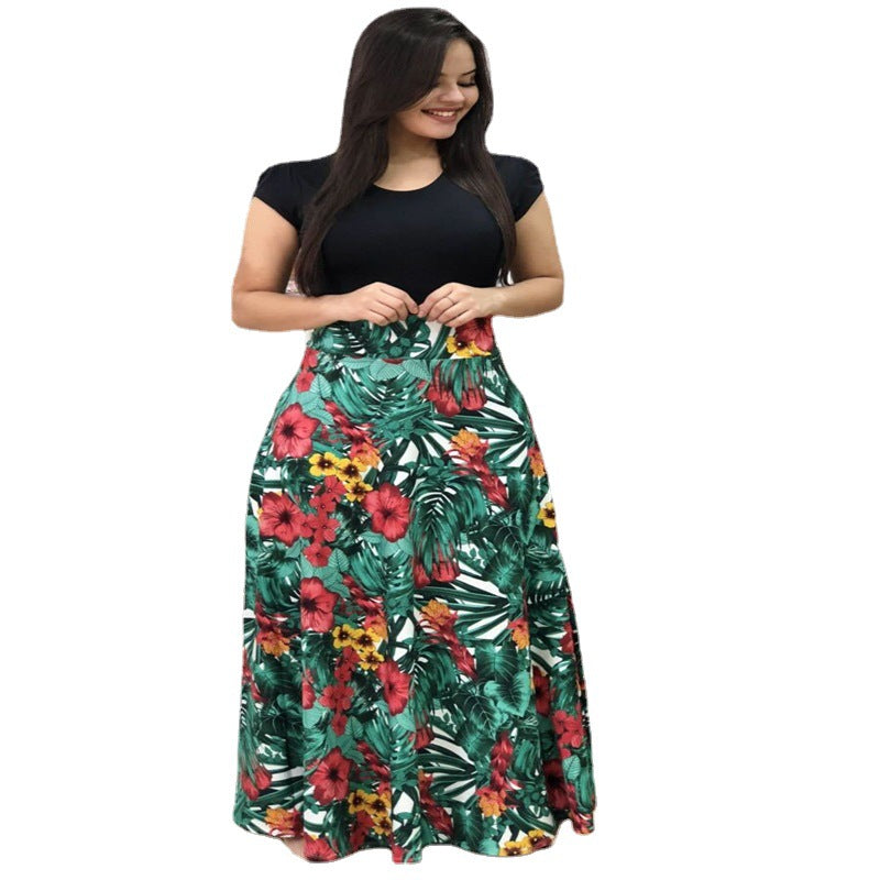 Cross Aliversion Of Style Flower Print Color Short-Sleeved Large-Size Dress Female