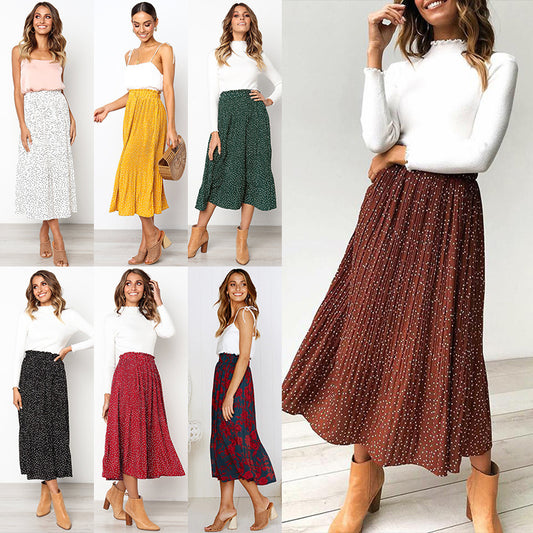 Stylish Polka Dot Sweet Pocket Pleated Skirt Long Skirt