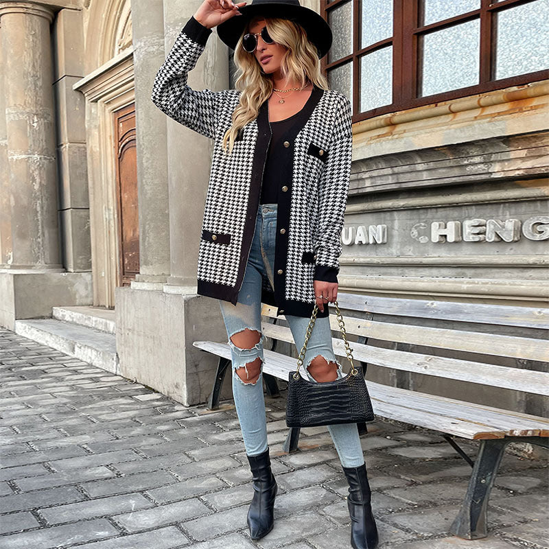 New Autumn And Winter Women's Long-Sleeved Thousand Birds Check Sweater Coat