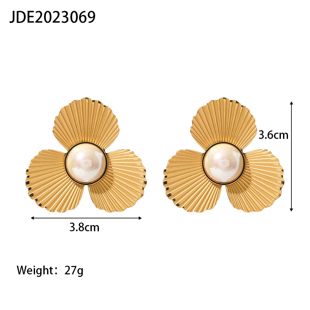 5pcs Stylish Temperament Earrings 16K Gold Plated Stainless Steel Flower Fan Design Round Pearl Stud Earrings For Women