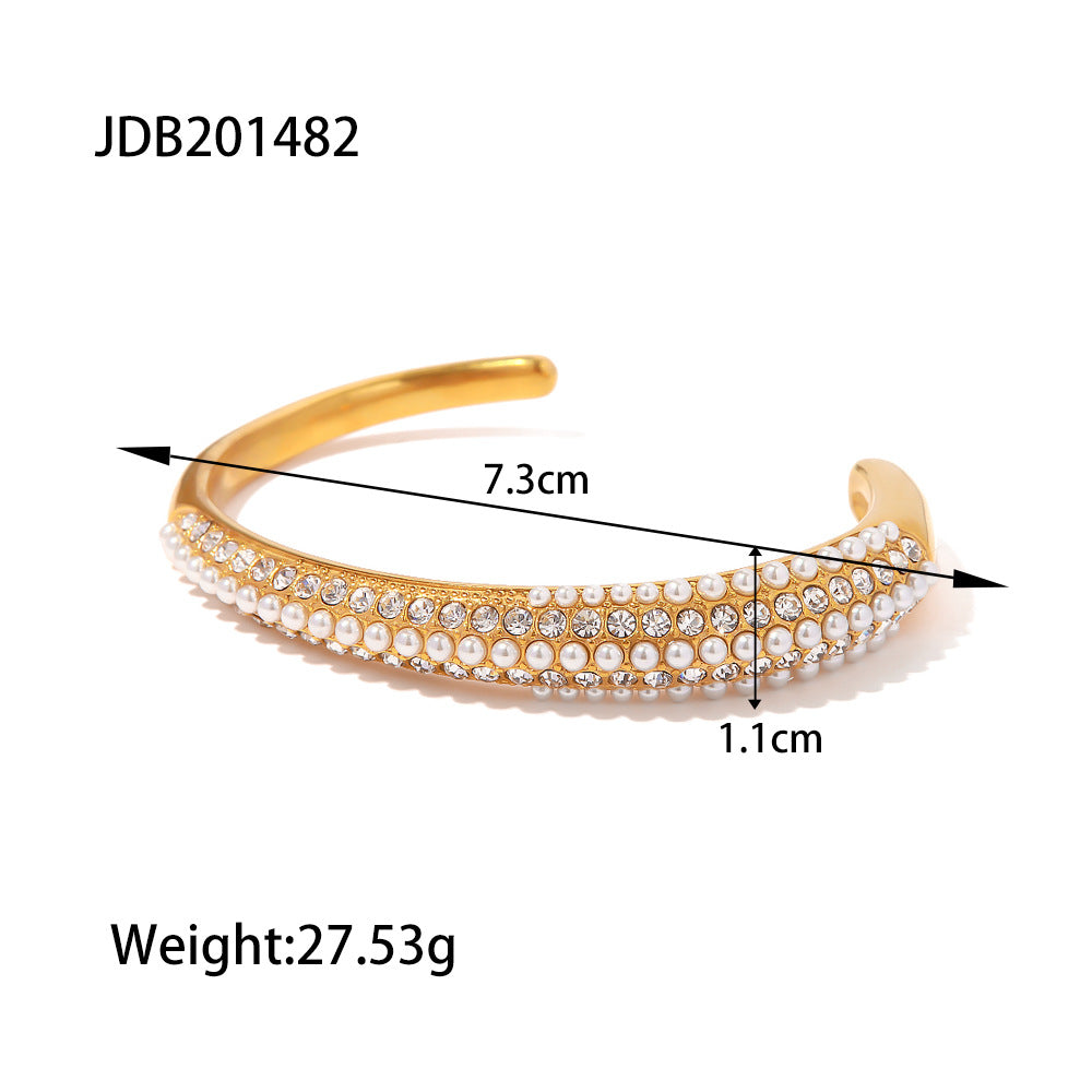 5pcs Fashion New All-Match Titanium Steel Bracelet 18K Gold Plated Multi-Layer Full Diamond Pearl Bracelet Women's Hand Jewelry