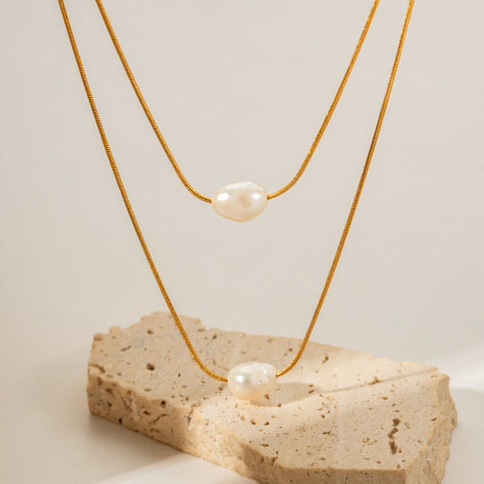 5pcs New Pearl Necklace 18K Gold Stainless Steel Inlaid Light Pearl Double-Layer Non-Fading Necklace