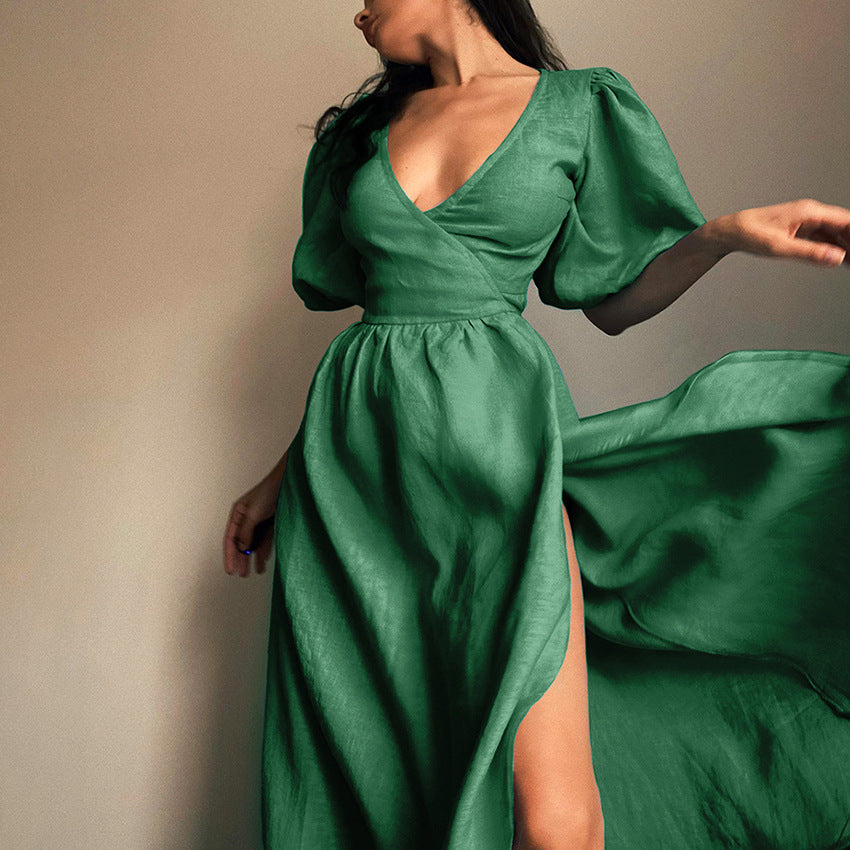 Summer New Cotton Commuter V-Neck Slit High Waist Waist Design Sense A-Line Skirt Dress Women