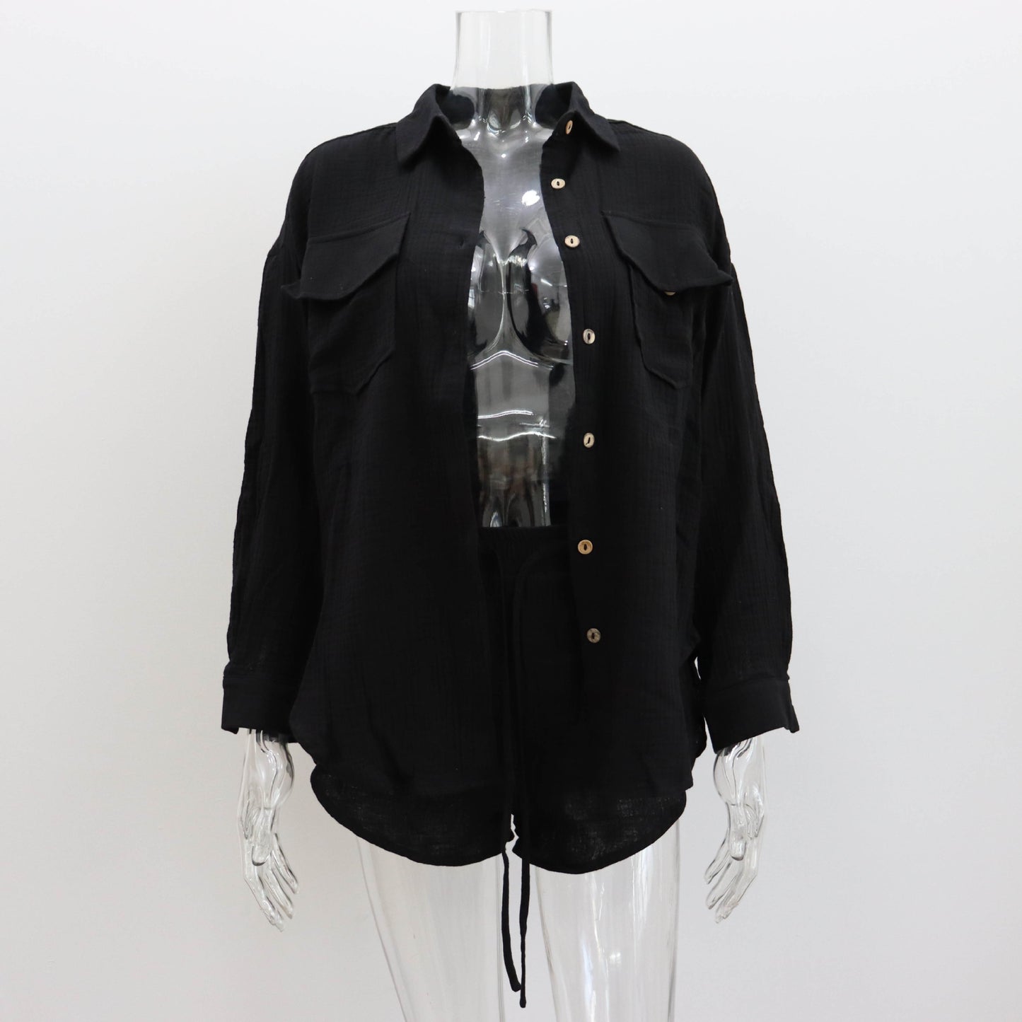 Women's Spring Lapel Loose Shirt High-Waisted Shorts Two-Piece Fashion Casual Suit