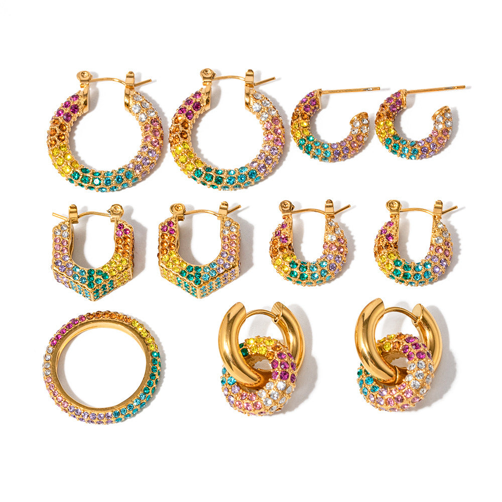 5pcs New Gold-Plated Earrings Multicolor Earrings Full Of Diamond Hoops High-Grade Sense Of Women