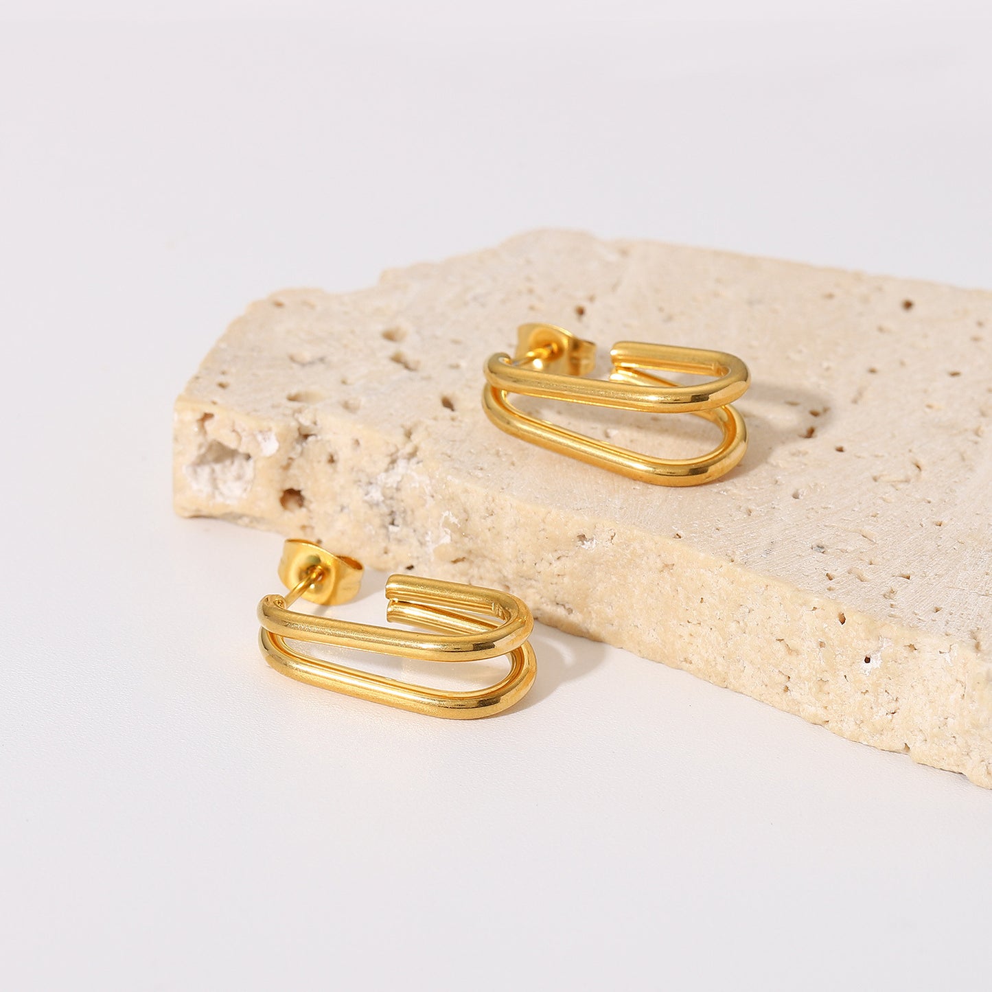 5pcs Same 18K Gold-Plated Stainless Steel Ring Earrings Titanium Steel Double Line Geometric Earrings For Women