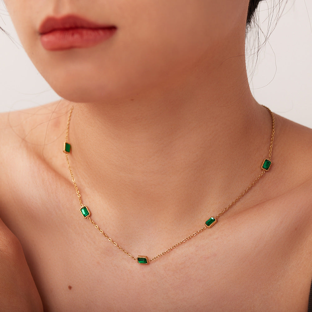 5pcs 14K Gold Stainless Steel Multiple Square Green Zircon Pendant Necklace Fashion Women All Wear Collars