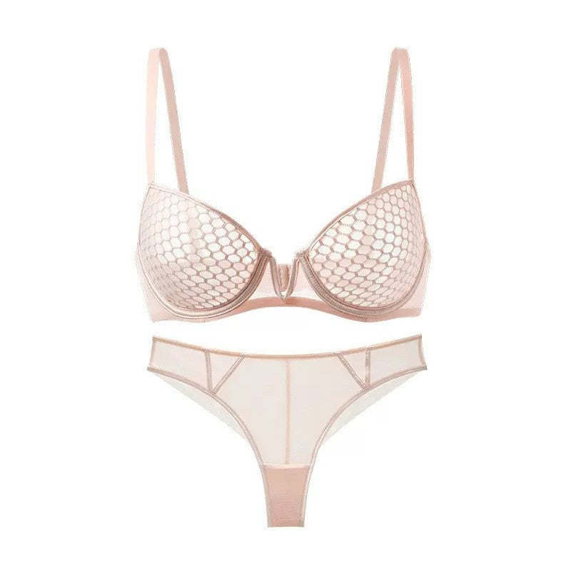 Lace Underwear Sexy Honeycomb Print Ultra-Thin Soft Underwire Bra Big Chest Small Big Size Bra Set
