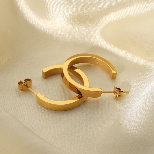 5pcs Same Earrings 18K Gold Plated Stainless Steel Italian Magazine C Open Solid Square Ear Loop Female