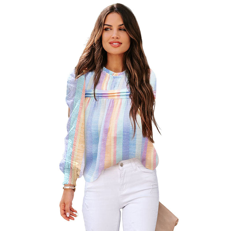Thin Simple Striped Chiffon Shirt Women's New Autumn Pullover Round Neck Long Sleeve Blouse Women