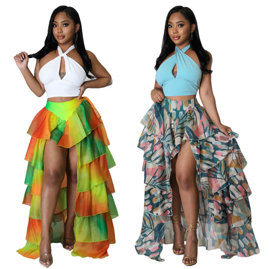 Women's Summer New Irregular Split Half Skirt Printed Gauze Cake Skirt