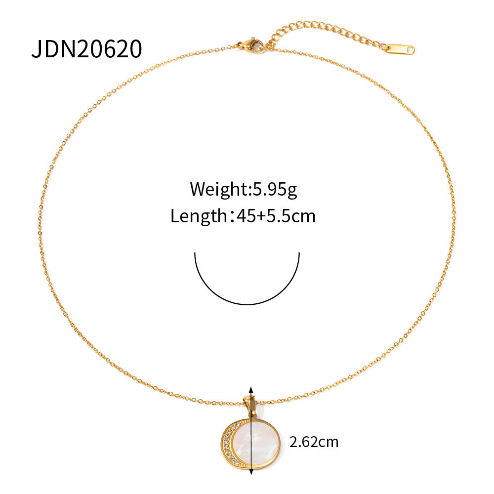 5pcs 18K Gold Stainless Steel Necklace Natural Shell Diamond Zircon Sun And Moon Pendant Necklace Women's Accessories