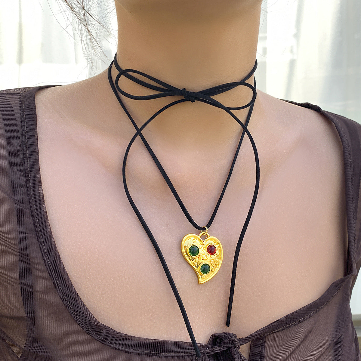 5 pcs Pull Adjustable Wax Thread Choker Collar Simple Personality Big Love Pendant Necklace